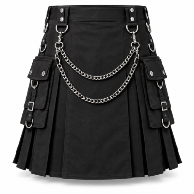 Premium Black Utility Kilt with Silver Chains