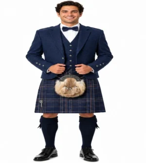 blue tweed kilt outfit