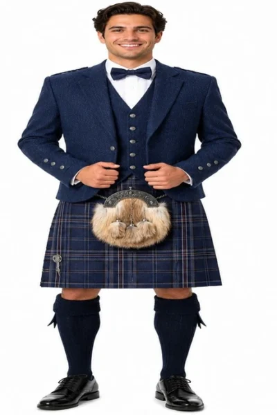 blue tweed kilt outfit