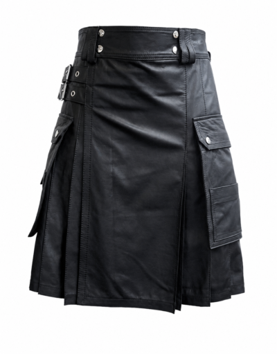 Men,s Black Cargo Leather Fashion Kilt