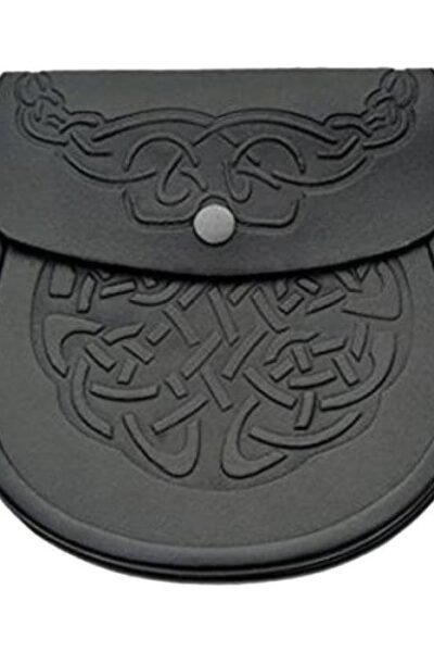 Black Leather Celtic Kilt Pouch With Chain Belt