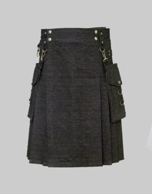 Black Denim Utility Kilt With Corgo Packets