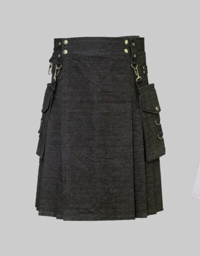 Black Denim Utility Kilt With Corgo Packets