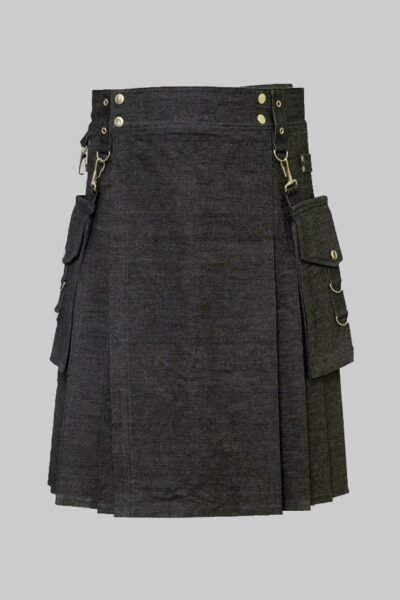 Black Denim Utility Kilt With Corgo Packets
