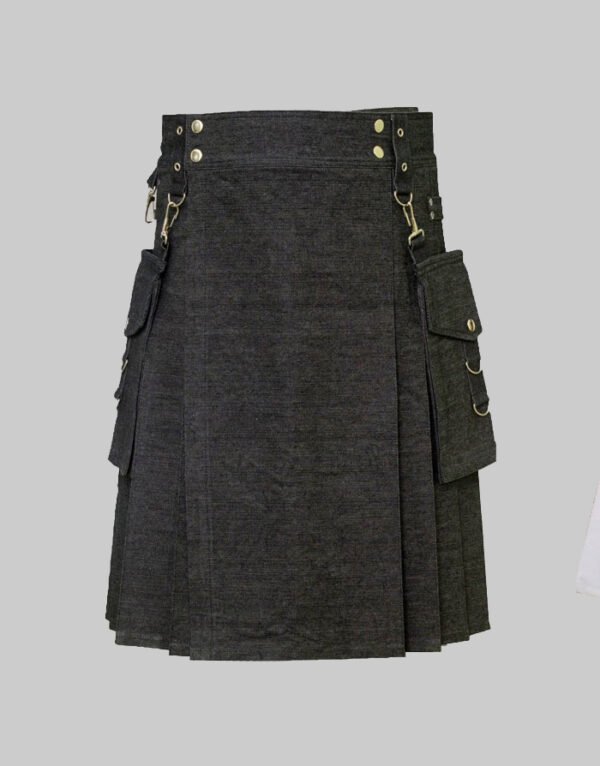 Black Denim Utility Kilt With Corgo Packets