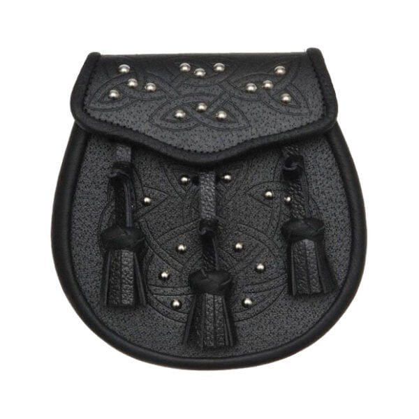Black Leather Celtic Embossed Studded Leather Sporran