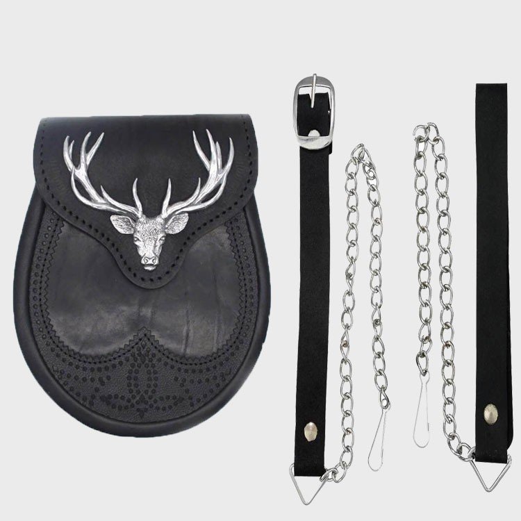 Black Stag Head Leather Sporran With Free Chain Belt - Image 3