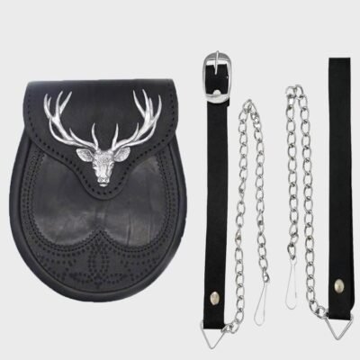 Black Stag Head Leather Sporran With Free Chain Belt