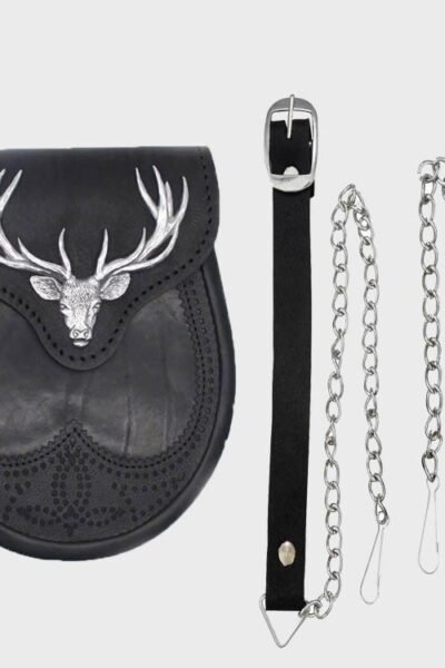 Black Stag Head Leather Sporran With Free Chain Belt