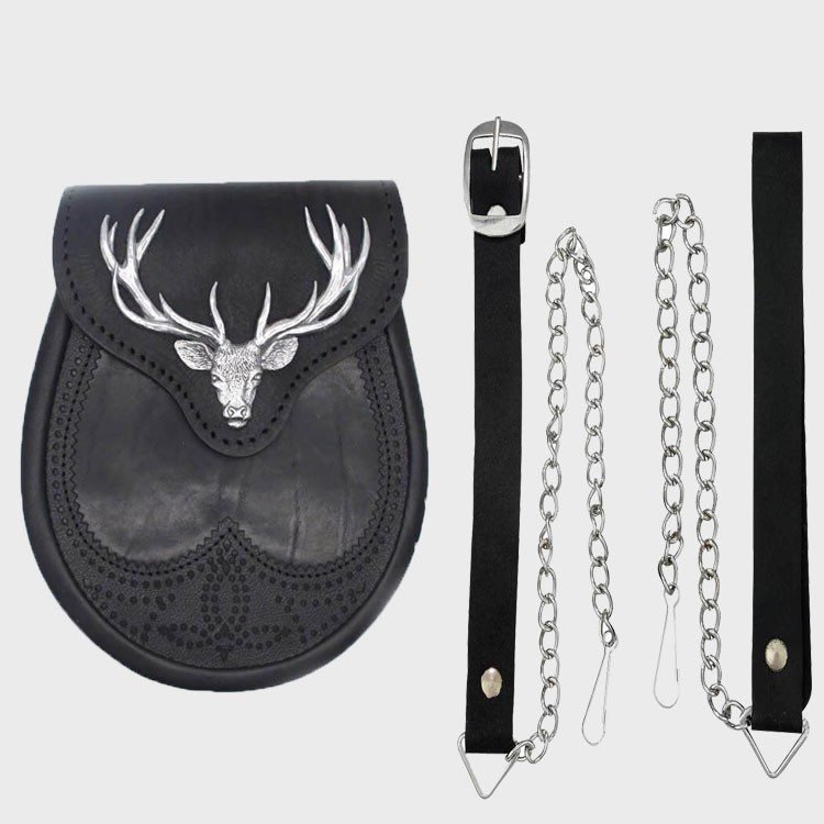 Black Stag Head Leather Sporran With Free Chain Belt