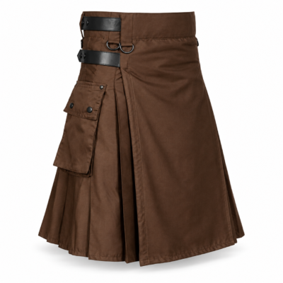 Premium chocolate brown utility kilt with leather straps