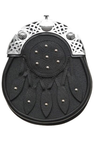 Celtic Knot and Studded Targe Black Leather Sporran