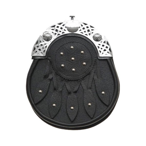 Celtic Knot and Studded Targe Black Leather Sporran