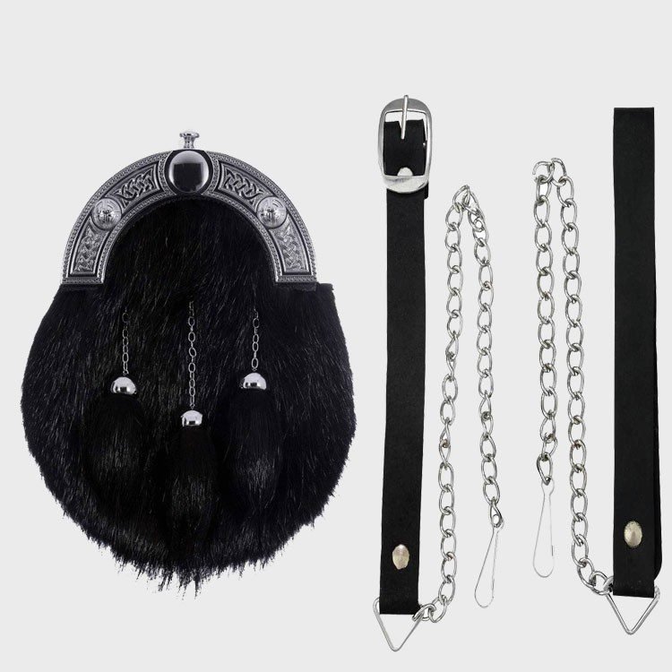 Celtic Knot Chrome Black Nutria Fur Full Dress Sporran