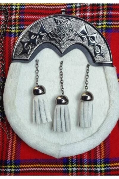 White Cowhide Dress Sporran With 3 Tassel