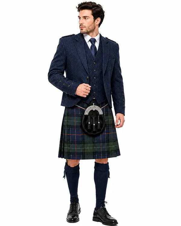 blue tweed kilt outfit