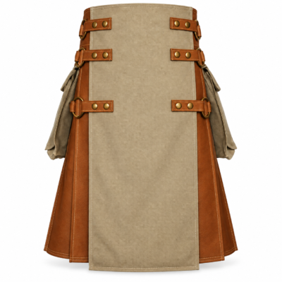 Premium Khaki Canvas Utility Kilt with Leather Straps