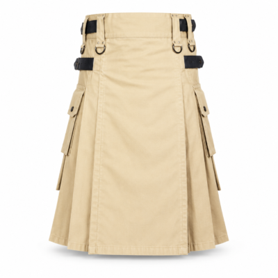 Premium Khaki Cotton Utility Kilt with Leather Straps