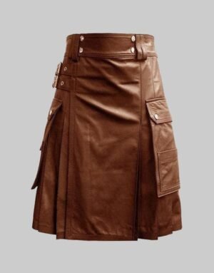 Men Leather Utility Kilt Twin Cargo Pockets Pleated