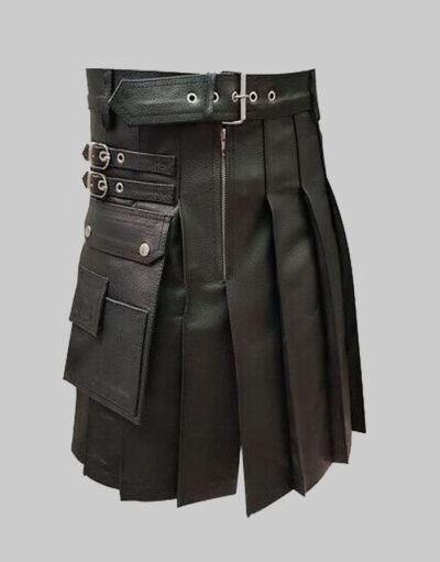 Men Real Black Leather Kilt