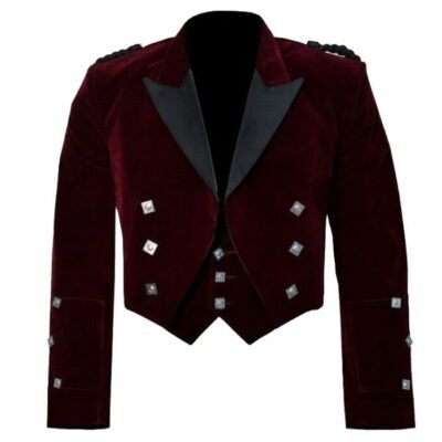 Scottish Red Velvet Prince Charlie Kilt Jacket With Vest
