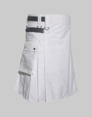White Utility Kilt With Leather Straps
