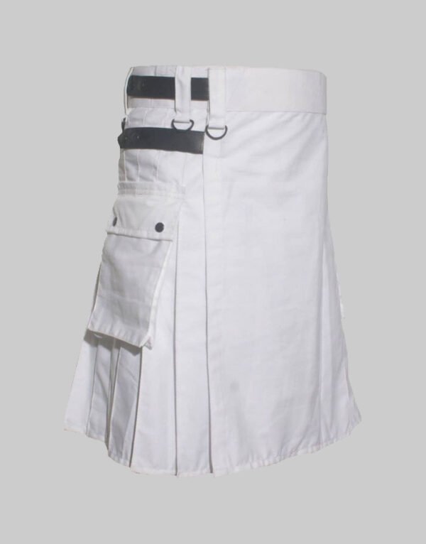 White Utility Kilt With Leather Straps