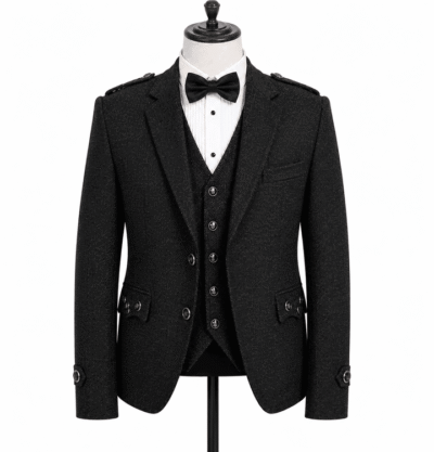 black tweed argyll kilt jacket